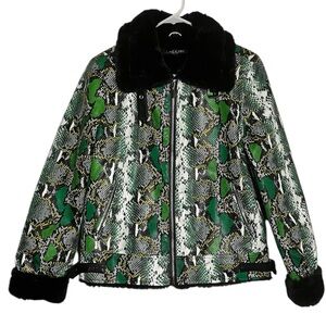 Baccini Green Snake Skin‎ Print Women's Faux Leather Jacket Sz M